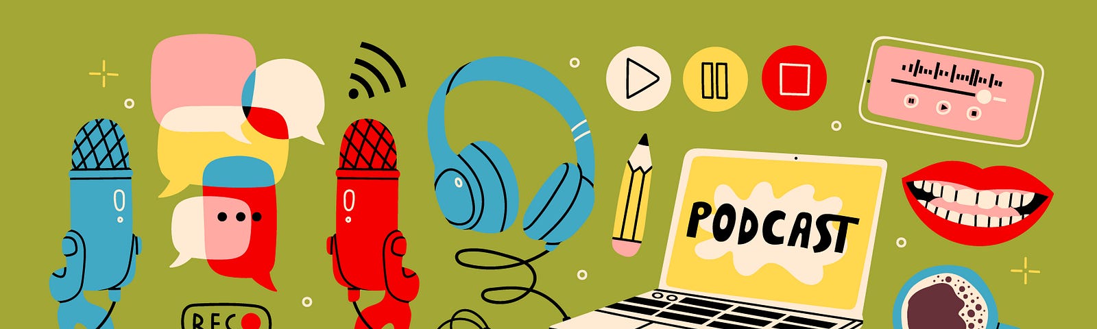 An illustration of podcast-themed graphics, from microphones and headphones to a computer and sound bar