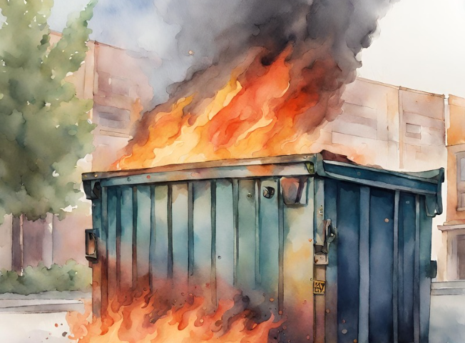 An artist’s rendition of a dumpster on fire, sitting on a street in front of a building.