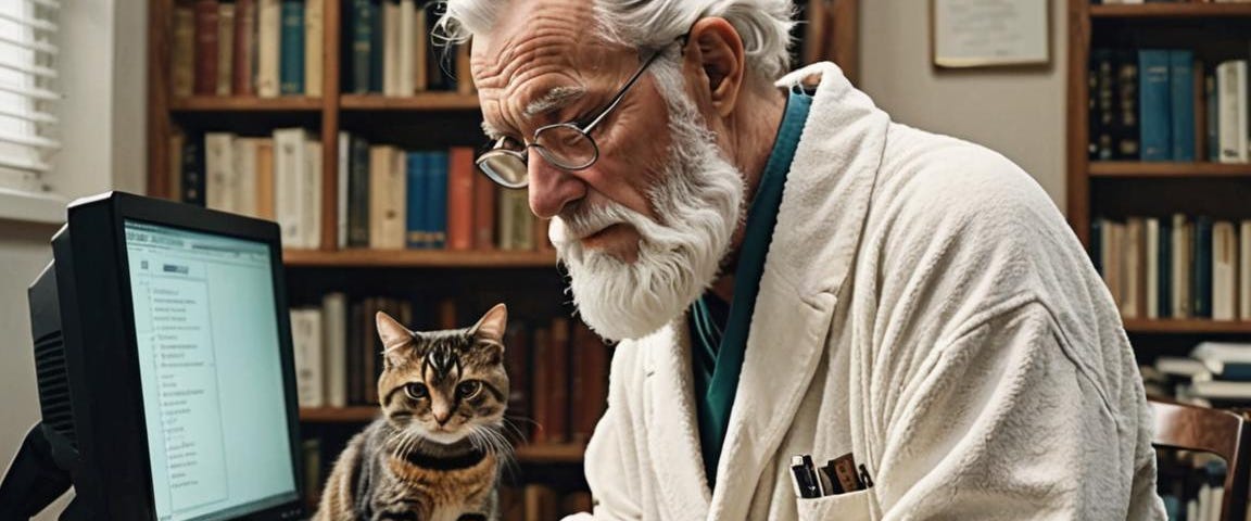 Elderly man typing at a computer keyboard with a cat watching,