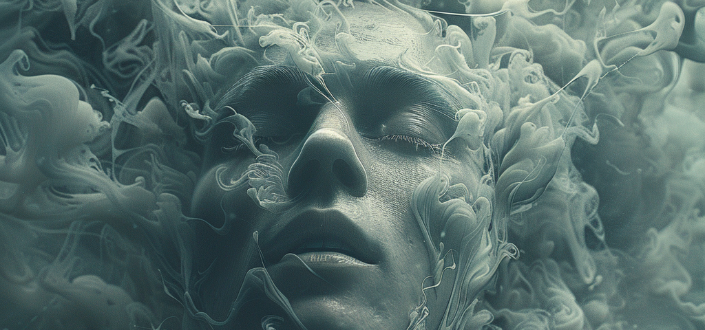 a close-up of a face enveloped in what looks like swirling smoke or fluid, which creates an almost surreal, dreamlike effect. The texture is delicate and intricate, with the smoke or liquid flowing around the contours of the face, suggesting a state of submersion or being overwhelmed. The closed eyes of the face could symbolize peace, resignation, or a deep internal focus. This artwork might be interpreted as a visualization of someone’s mental state, possibly depicting the process of trying to