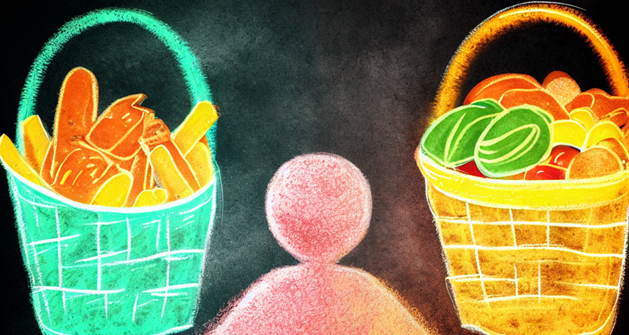 A chalk drawing of a person holding a basket of various food items in each hand