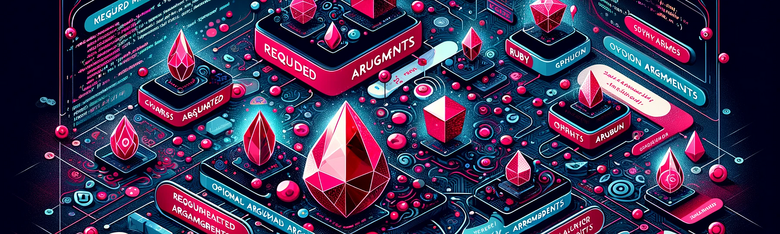 An image exploring the intricacies of Ruby method arguments. It features abstract representations for different argument types like required, optional, keyword, and variable-length arguments, each with distinctive shapes or patterns. Ruby-colored gemstones symbolize the Ruby language, set against a digital, code-themed background with snippets of Ruby code. The design, blending reds, pinks, and digital blues, creates a vibrant, educational look into Ruby’s argument handling.