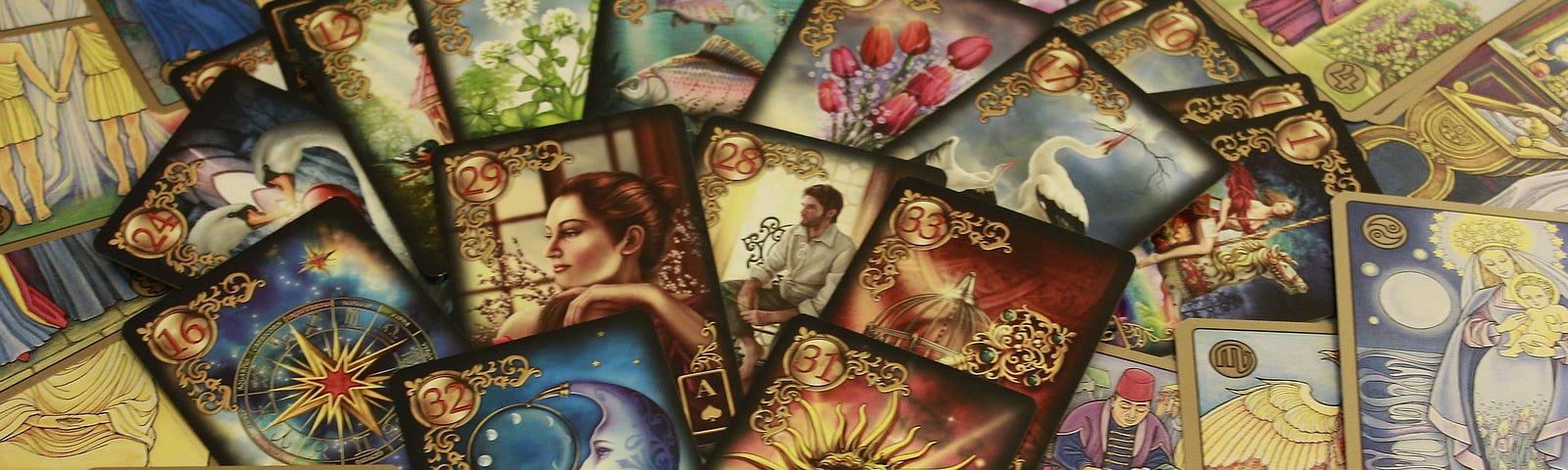 A deck of tarot cards laid out