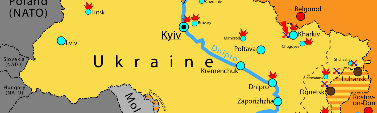 IMAGE: A map of Ukraine displaying the Russian offensive as of February 2022, the bombings and the territories in dispute