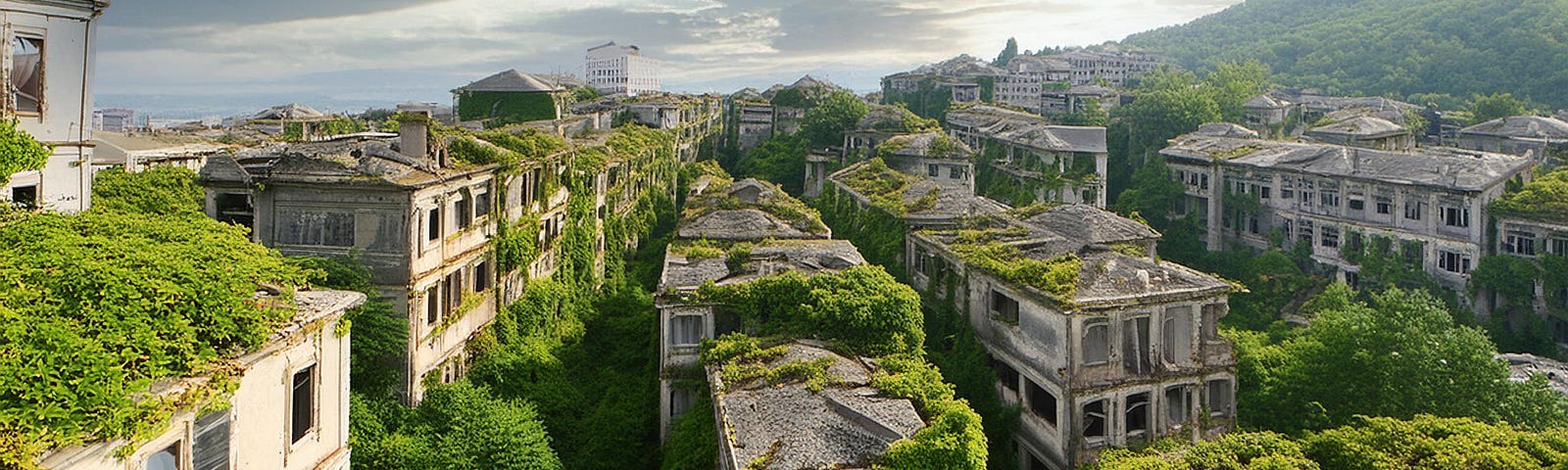 An AI created image of a city taken over by plants