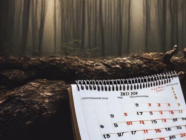 calendar with wonky dates, lying on a forest floor