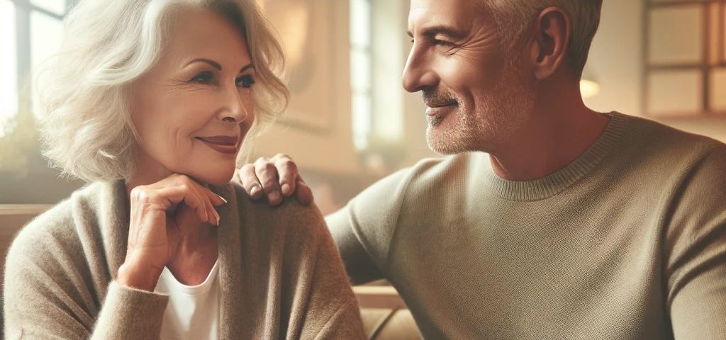Mature couple enjoying a relaxed coffee date, symbolizing ease and joy in dating over 40.
