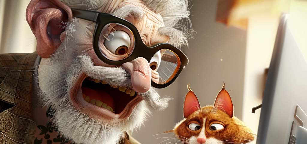 funny 3d image toon boom style. old man and crazy cat starting an online store