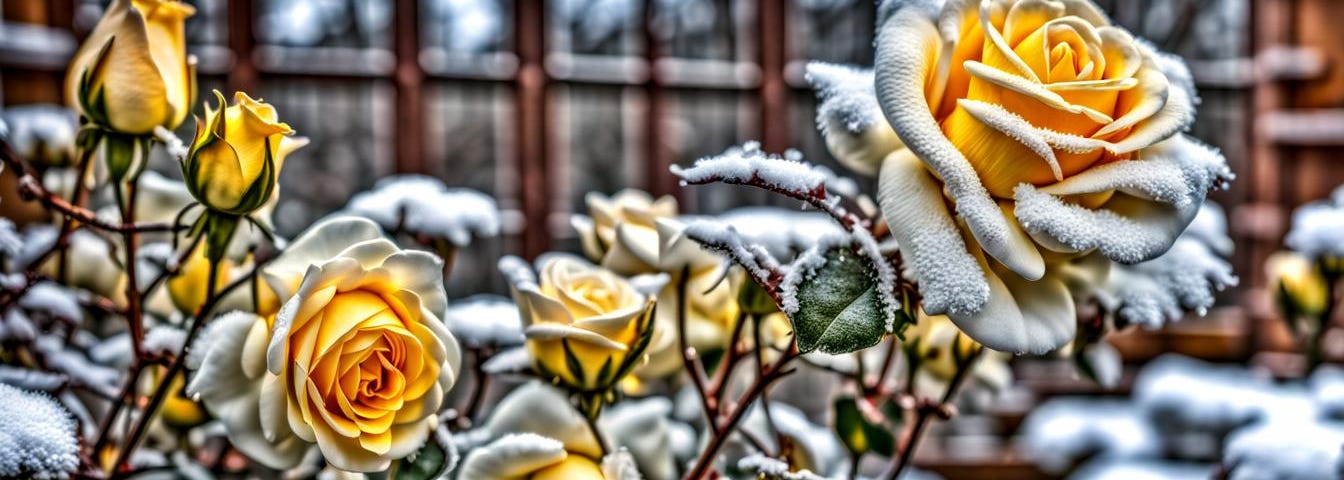 Winter garden with snow crusted yellow roses