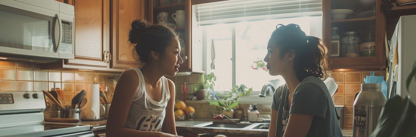 Two girls enjoying a personal conversation in a cozy kitchen filled with natural light.