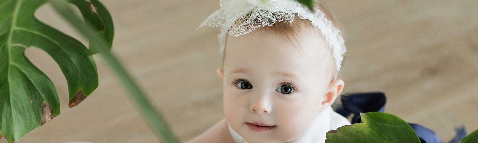 fair baby girl portrait dressed in white, white headband, accented with green leaves as frame