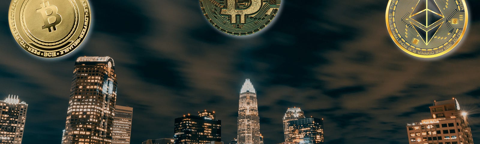 Skyscrapers and city buildings during the night with logos of cryptocurrencies at the top of the image.