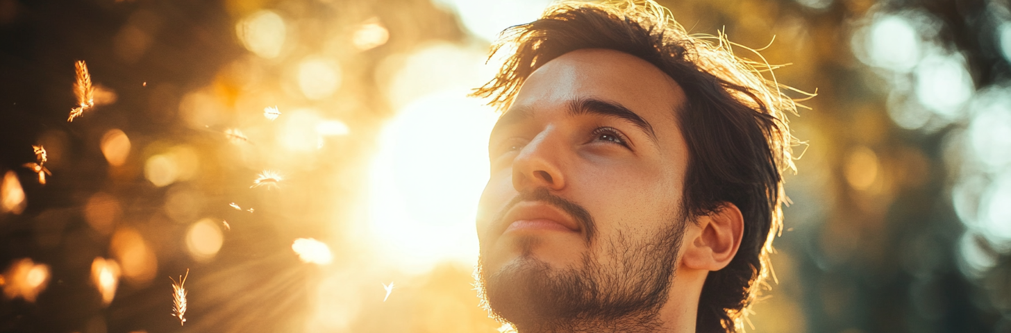 a hopeful man looking up at sunrise