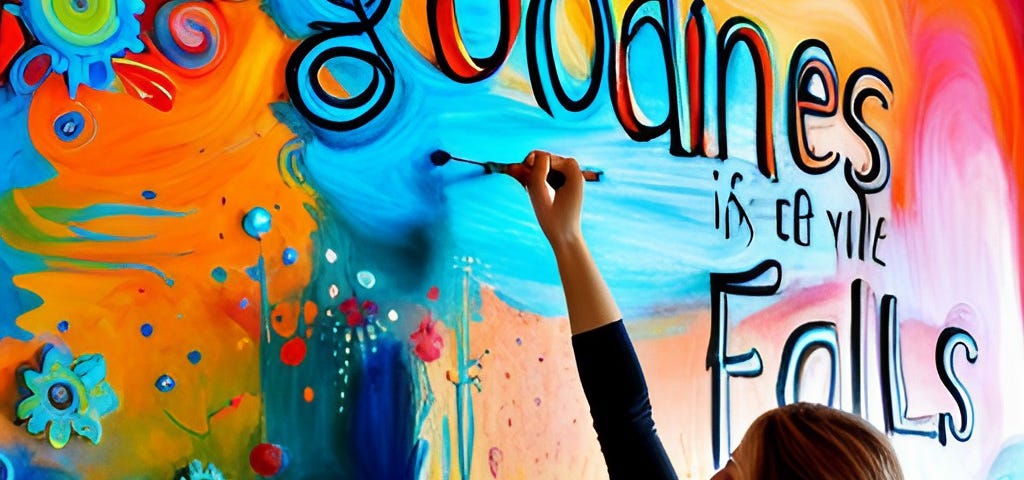 woman painting mural on wall of vivid colors and the quote “goodness never fails”