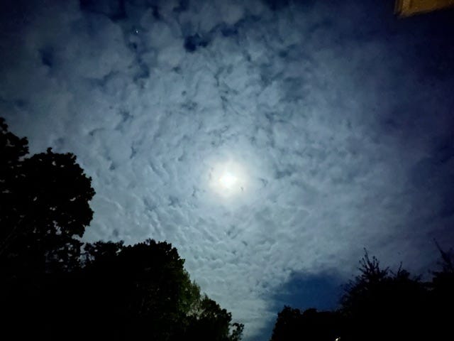 Full moon in clouds over Sparta, NJ, May 2024. Photo by the author.