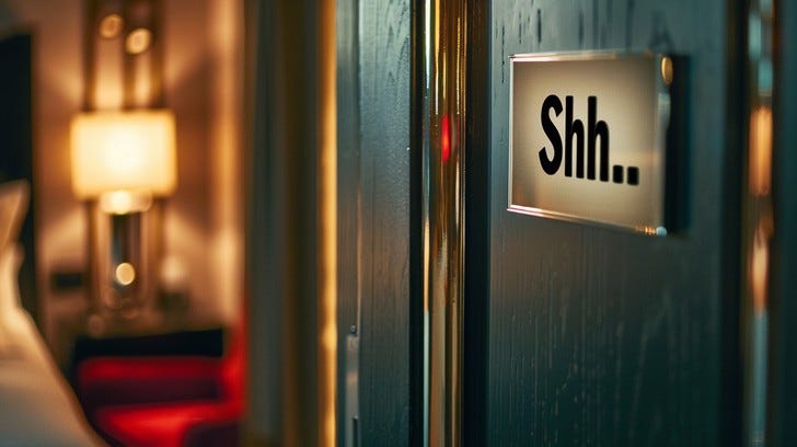 This evocative photograph captures a moment of hushed stillness, with a ‘Shh…’ sign delicately hanging on a stylish dark door. The soft ambient lighting in the background suggests a comfortable and serene interior, likely a luxurious hotel room, where the calm is preserved by such polite reminders. The sign’s simple message encourages passersby to respect the peace of those within, adding to the overall atmosphere of tranquil exclusivity.