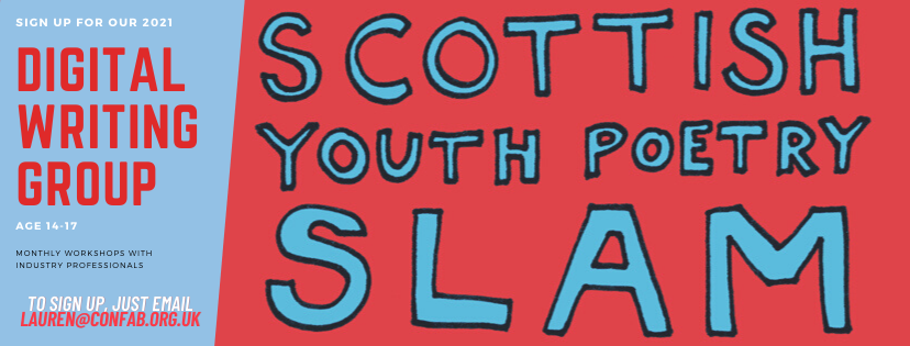 conFAB poster advertising the project: blue, comics-style lettering on an orangey-red background reads ‘Scottish Youth Poetry Slam’