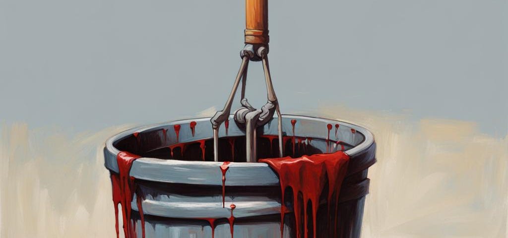 A mop in a bloody metal bucket against a stark white and grey background.