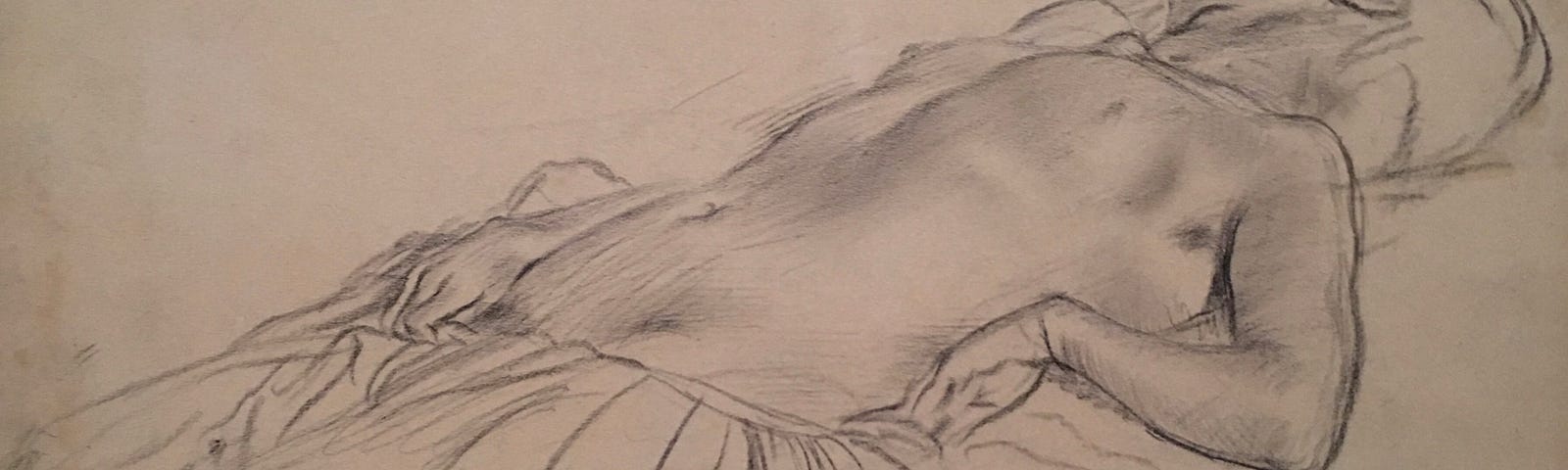 Sketch in charcoal of a reclining woman naked above mons pubis. Turning her head away, her right arm follows curvaceously below hip, left arm is bent, outer hand filling her waist, resting on hip.