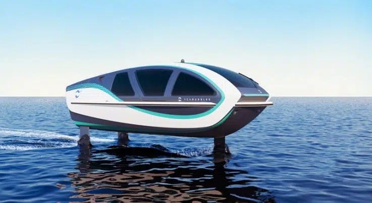 A view of the lifted Seabubble as it is traversing the open water