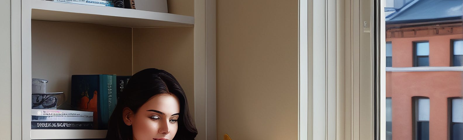 A young woman looking at her laptop while sitting in a window nook.