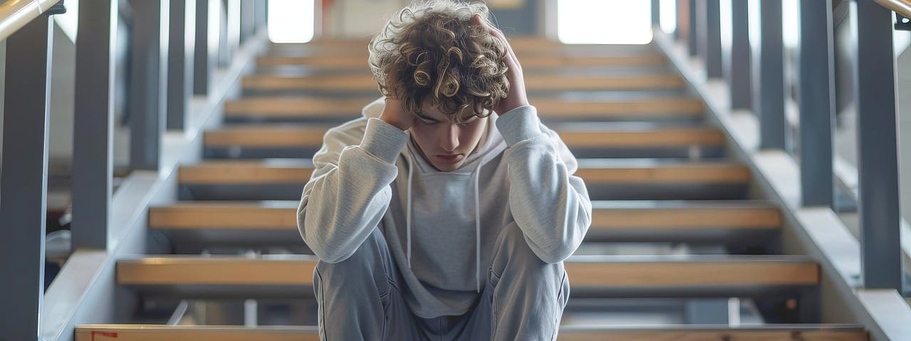 A boy of 18 sits on a set of stairs and holds his head in disappointment