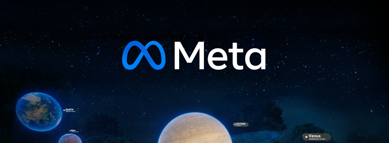 Two people stand in space, facing the solar system, within a metaverse environment.