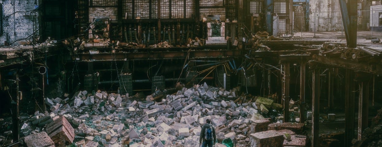 Man standing in ruined factory. Image by Peter H from Pixabay