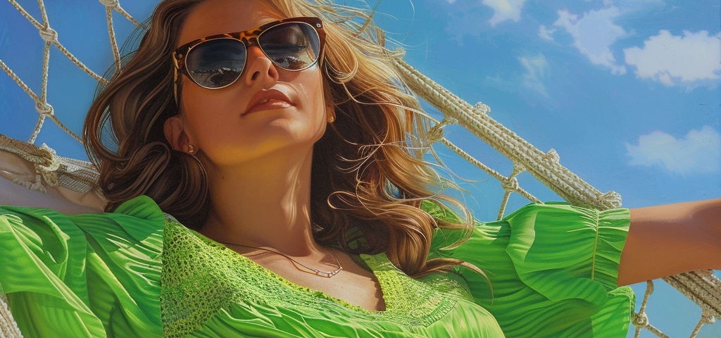 Image of a woman in a green dress and sunglasses. She’s laying in a hammock and looks completely at peace. The sky is blue and sunny with a few puffy clouds.