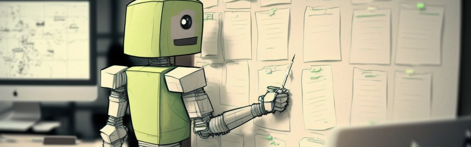 Midjourney Prompt: an image of a futuristic human sized robot placing post-it notes on a white board in an office setting — ar 3:2