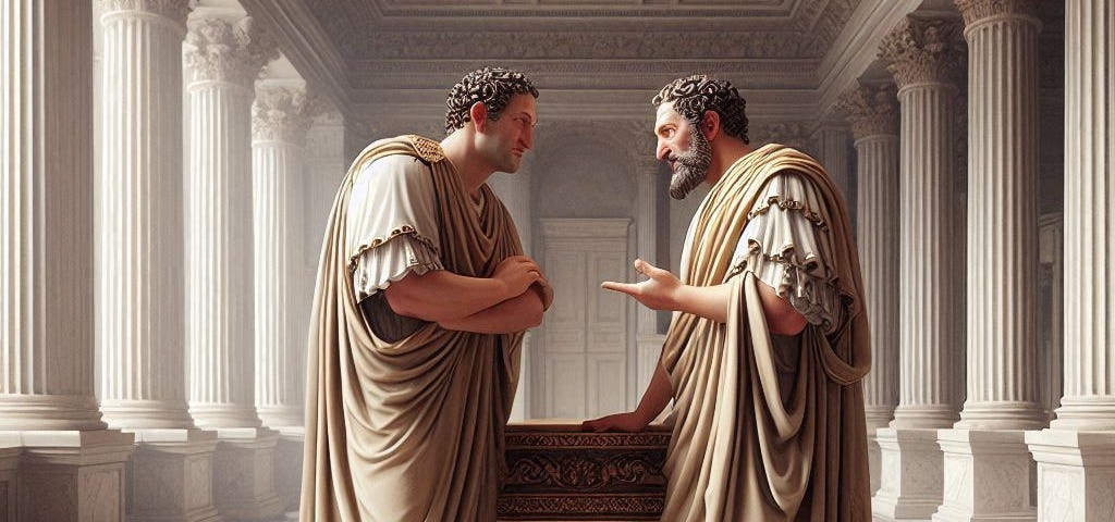 two Roman senators, toga-clad, talking in a marbled building