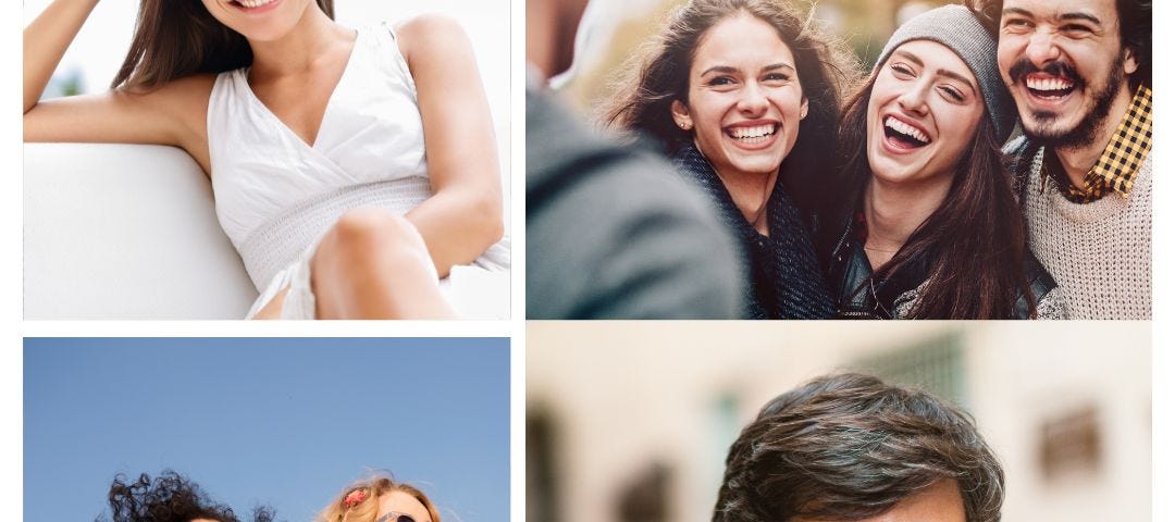 Four pictures of smiling people in groups and singles