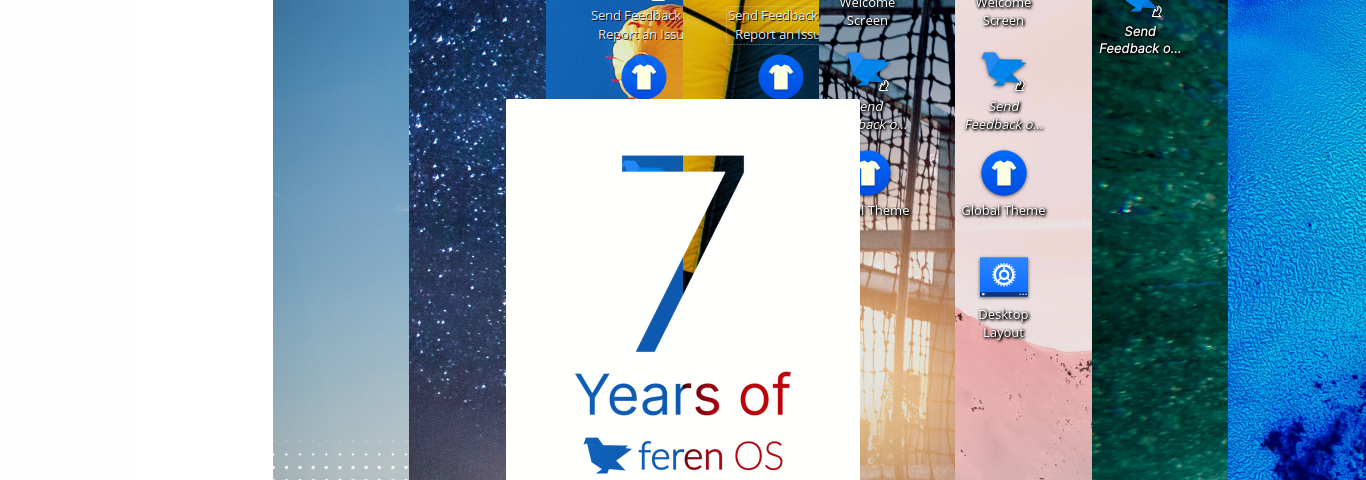 7 years of Feren OS, with the history of Feren OS behind it in screenshots form