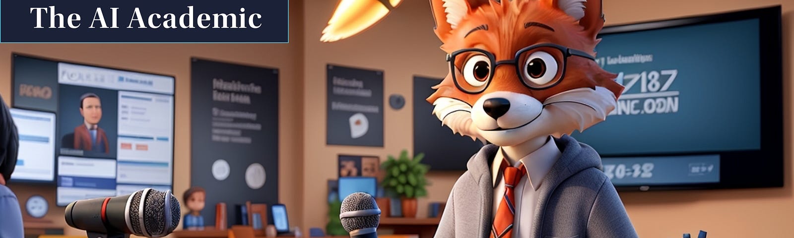An AI-generated fox in the style of a Pixar 3D animation, wearing a white shirt, an orange tie with black X-crosses, a grey hooded jacket and black-framed glasses, standing at a small table with two microphones in front of him, one on the table and one standing on the other side of the table. He’s in. large room with several screens on the light-coloured walls behind him with various meaningless icons and text on the them.