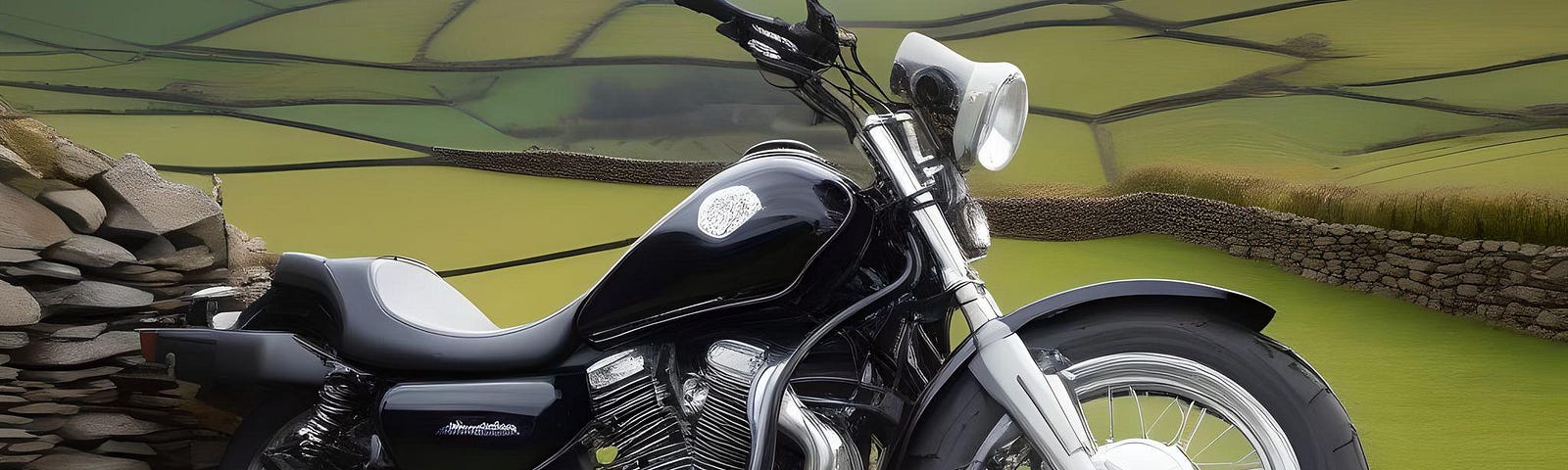 A black and chrome motorbike and a drystone wall