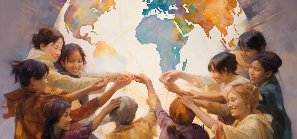 Watercolor of happy people of different nationalities extending hands to one another in front of a large image of the earth.