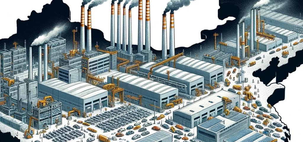 IMAGE: A map of China with automotive, battery, and solar panel factories, each with smokestacks emitting a significant amount of smoke, capturing a busy industrial scene