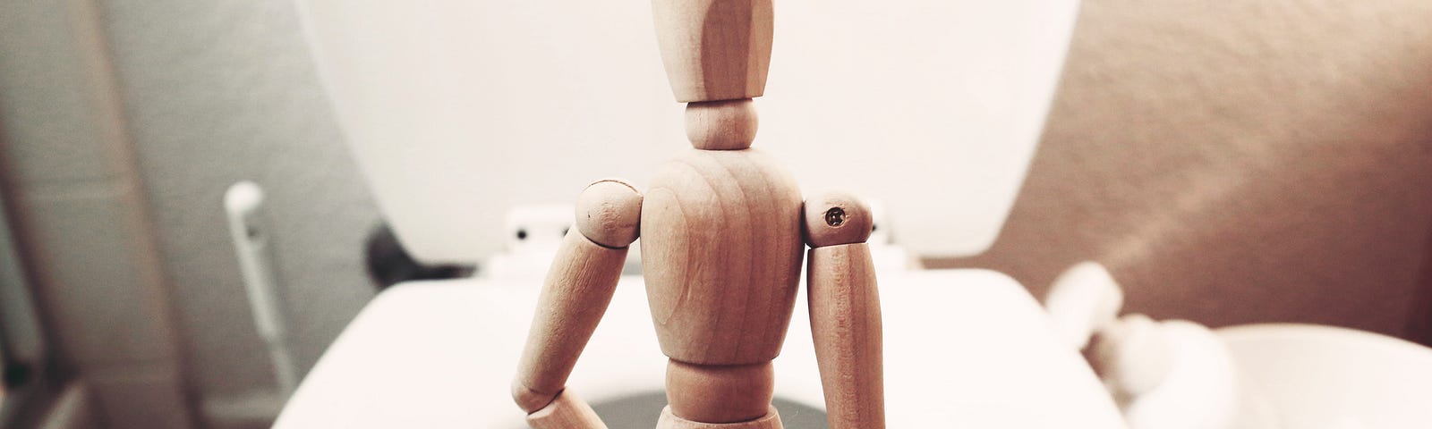 A wooden figurine in front of a toilet. Perhaps he’s wondering what a pot to piss in means. Or because he’s there he knows what a pot to pee in means to him.