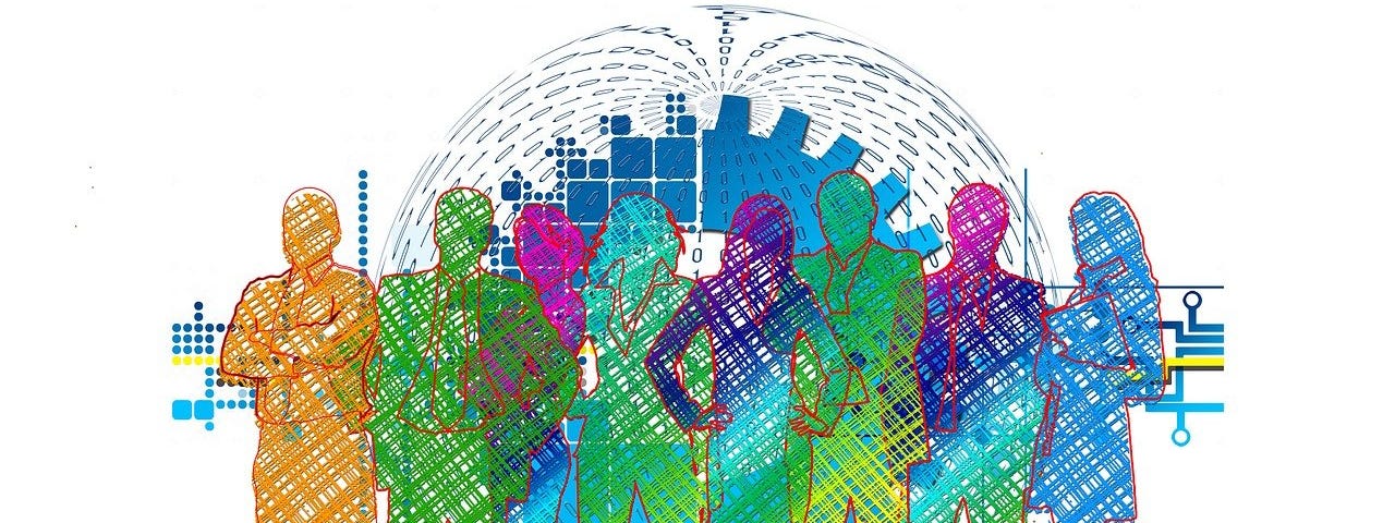 IMAGE: a group of human figures in different colors, in front of a brain and a cog