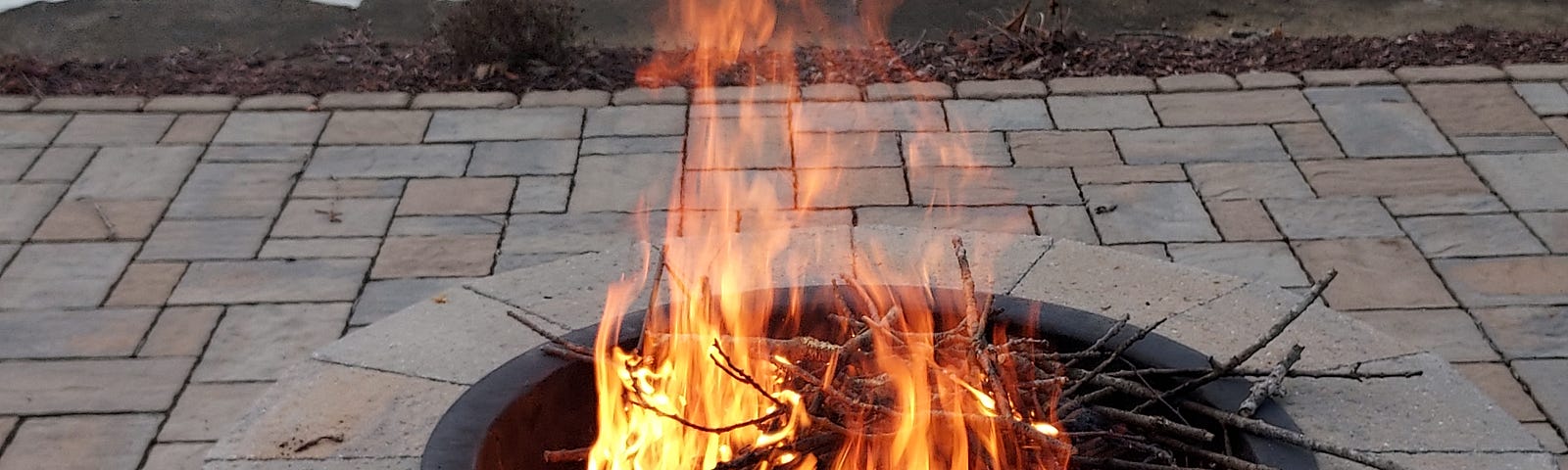 A burning fireplace.