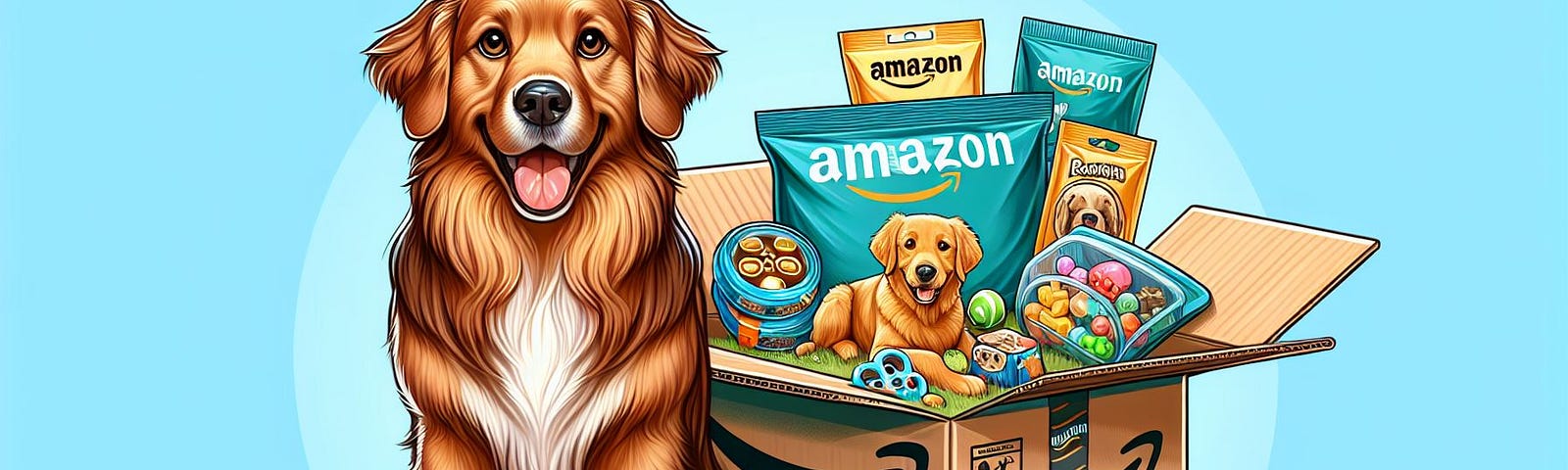 An adorable, well-groomed dog sitting proudly next to an open Amazon package overflowing with pet toys and treats. The dog, perhaps a golden retriever, looks directly at the viewer with a warm, inviting expression. The package prominently displays the Amazon logo.