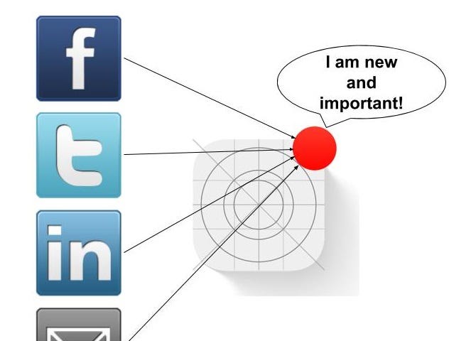 Notification design with social media icons aiming at the red circle in the corner that screams “I am new and important!”