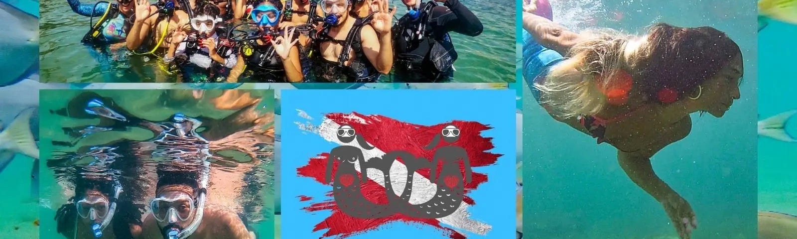 Five images of Adventure Mermaid guests on our SCUBA, snorkeling, and mermaiding experiences. In the center, the Adventure Mermaid logo, a red diver-down flag with two mermaids wearing SCUBA masks