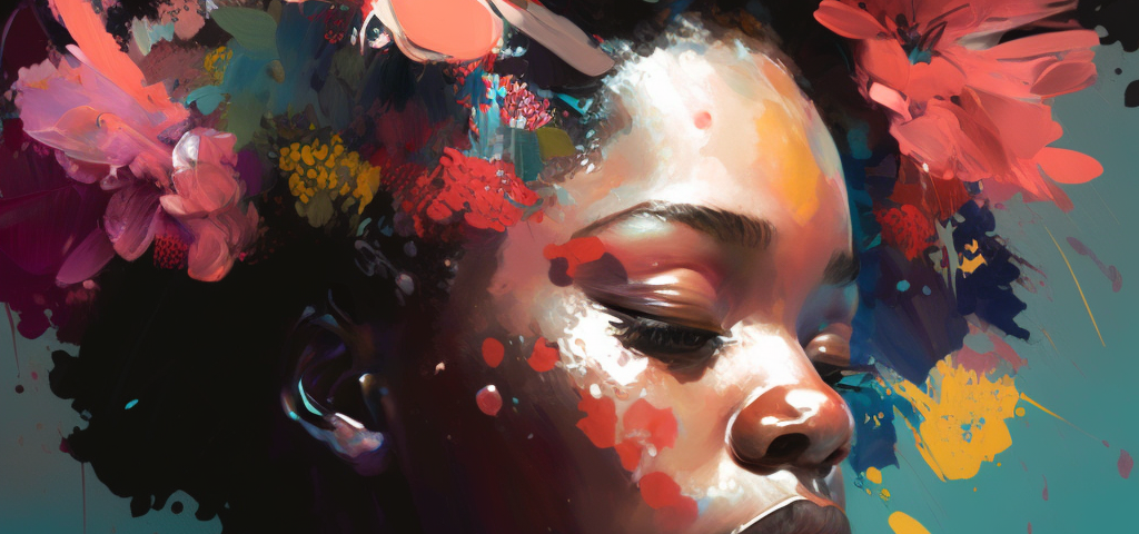 Painting of Black girl with flowers bursting out of her mind!