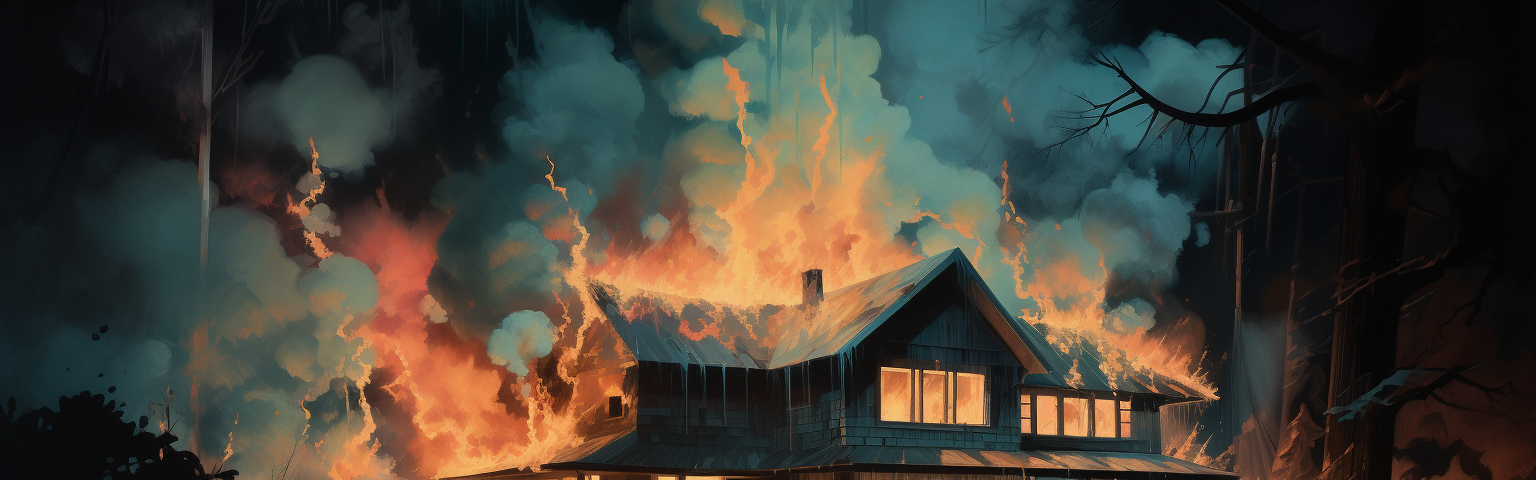 Midjourney generated image of a house burning with pale blue flames