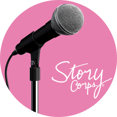 Microphone and Storycorps logo on pink background