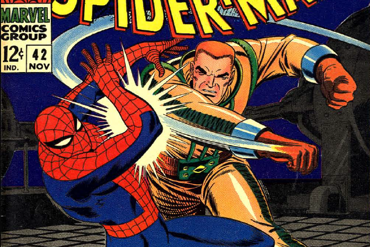 Spider-Man fights Colonel John Jameson on the cover of The Amazing Spider-Man #42.