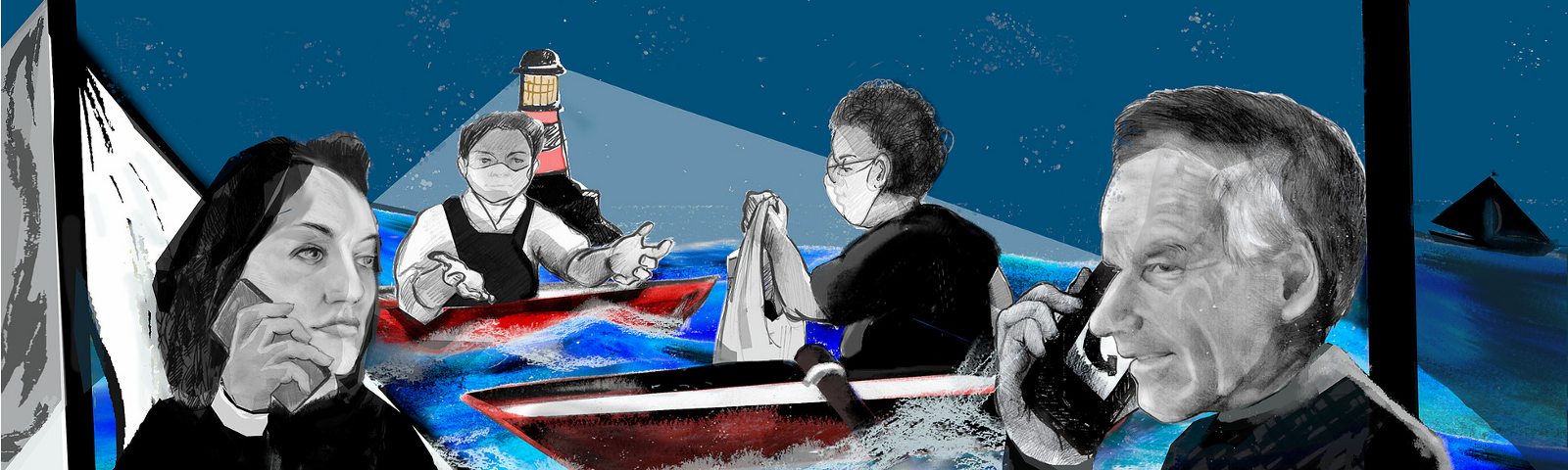 An illustration of four people in boats at sea, guided by a lighthouse. Two people exchange shopping; two people are on the phone to each other.