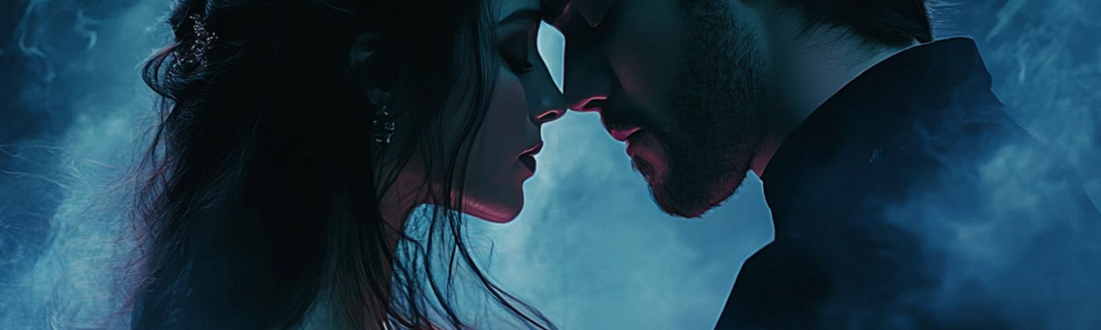 A man and a woman in a close, intimate pose, their faces nearly touching, surrounded by a mystical blue mist, conveying a dreamlike and romantic atmosphere.