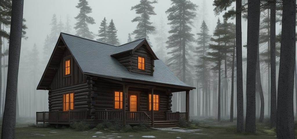 The cabin, weathered and surrounded by dense woods, should evoke a sense of isolation and mystery. The dim light from the cabin’s windows hints at the secrets that lie within.